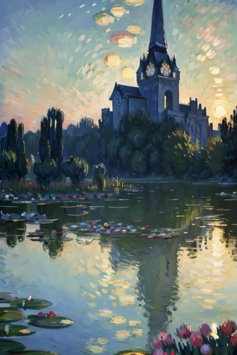 (Claude Monet&#39;s works:1.25),Impressionism ,Rainerism,quality(8k,best quality,masterpiece, like in the movie ), view from below ),background(outside,Dirty slums,View from above,郊outside，(Lots of carp swimming in the pond:1.8),)