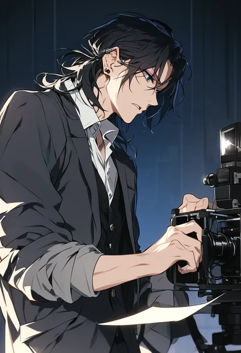 masterpiece, best quality, tired and perfectionist male film director in his mid-thirties, sharp facial features, dark circles under his eyes, slightly tousled wavy black hair (1.2). The character is shown in a side profile view, holding a rolled-up script...