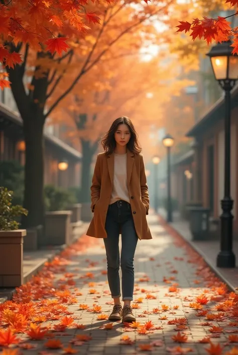 September fallen leaves cool street girl maple leaf flowers