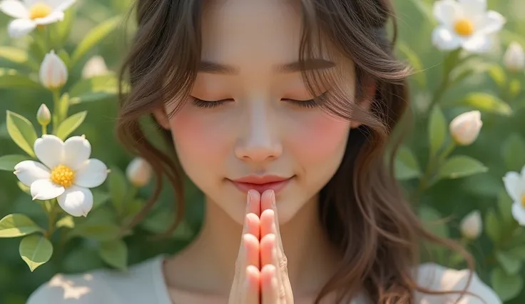 Subject: A close-up of a woman’s face, looking downward with her eyes gently closed, conveying a moment of peaceful reflection and gratitude.
Key Features: Only her face and hands should be visible, her hands in a relaxed, prayerful position.
Setting: She ...