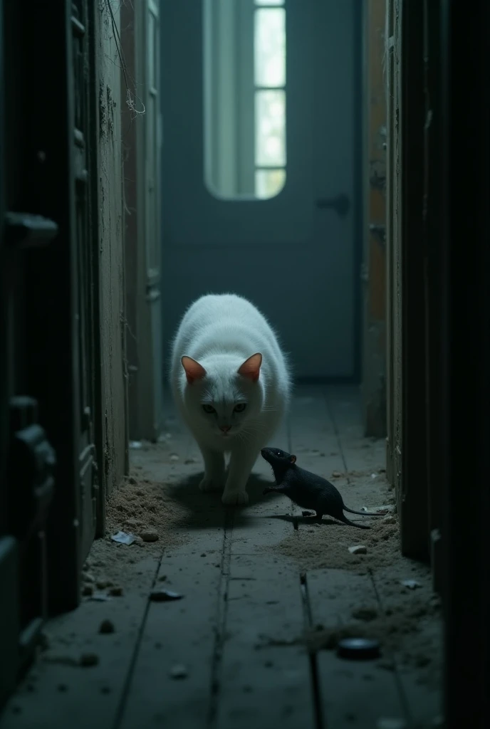 The camera starts in a narrow, dimly lit hallway of an old house, with cobwebs in the corners and dusty wooden floors. A white cat gracefully steps forward, its fur glowing in the soft moonlight coming through a cracked window. The cat lunges suddenly, cat...