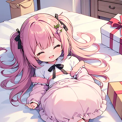 1girl,🎄、whole body、2 heads、A girl is putting a gift box on her head on the bed、The present box has a big ribbon on it 、Chibi、 happy smile、joy、Best Quality、 masterpiece、The best composition、 eyes closed、Chibi、 A fantasy and cute room in pastel colors、Fluffy...