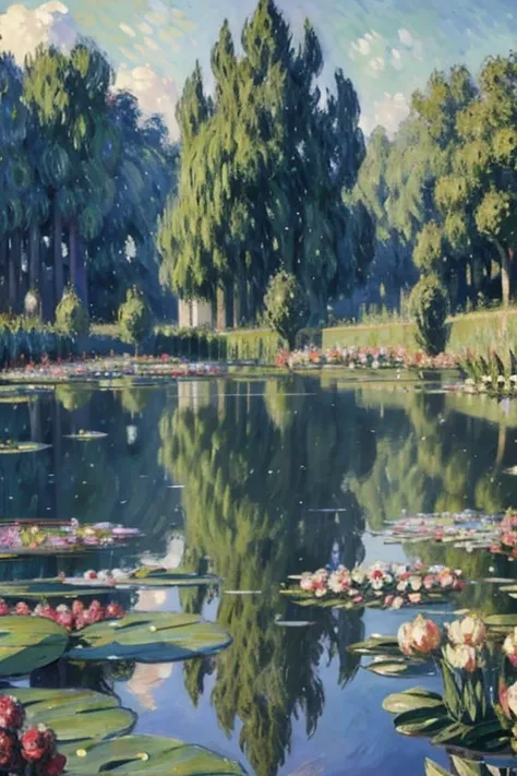 (Claude Monet&#39;s works:1.25),Impressionism ,Rainerism,quality(8k,best quality,masterpiece, like in the movie ), view from below ),background(outside,Dirty slums,View from above,郊outside，(Lots of carp swimming in the pond:1.8),)