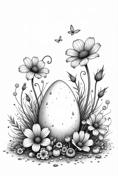 coloring page,Fantasy line art of Line drawing of a dragon’s egg surrounded by enchanted flowers, white background, black lineart