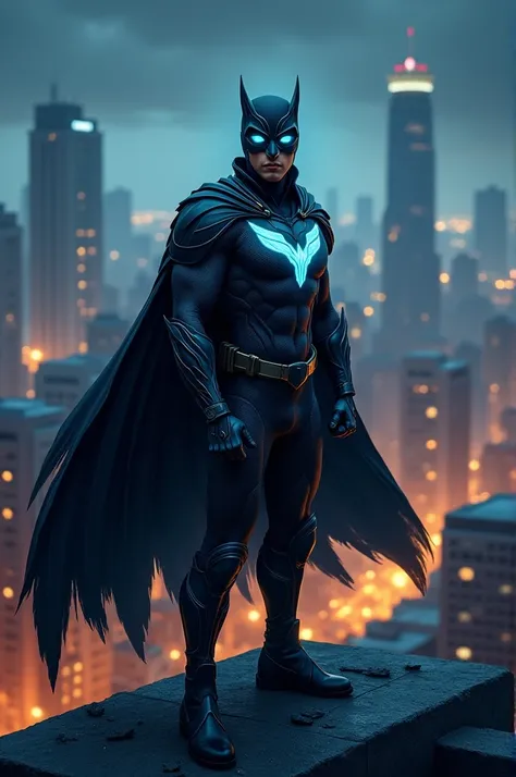 "A dramatic superhero book cover with a young male hero, Ethan Clarke, dressed in a sleek dark-colored owl-inspired costume with glowing eyes. The hero stands confidently on a city rooftop at dusk, with towering buildings and the glow of streetlights in th...