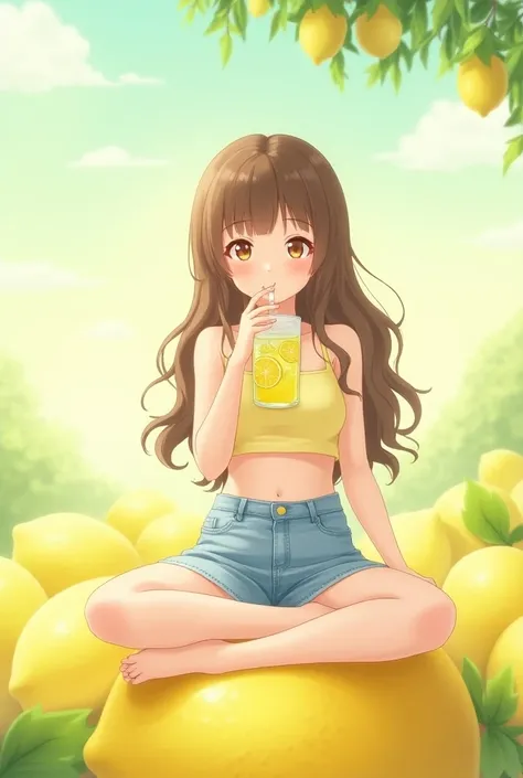 Anime, beautiful girl sitting on a lemon, the girl is wearing a pastel yellow crop top and a jean skirt, brown wavy hair, brown eyes drinking a cup from a straw, the cup has a yellowish drink and lemons in it, light detail, not realistic, girl is looking i...