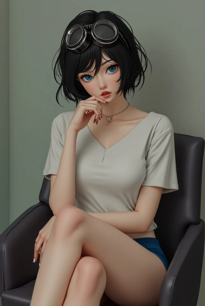 A girl with large hips. She has a short black hair and blue eyes. Shes using round goggles. Shes wearing a white shirt and a blue panties. Shes sitting in a chair, lifting her legs.