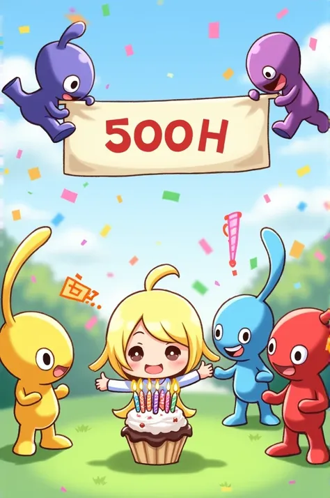 four chibi pikmin characters celebrating their 500-day anniversary with little yellow hair girl. Purple chibi Pikmin & Yellow chibi Pikmin (Leader/Excited): The most energetic one, jumping with joy while holding a large banner that says "500 DAYS". Blue ch...