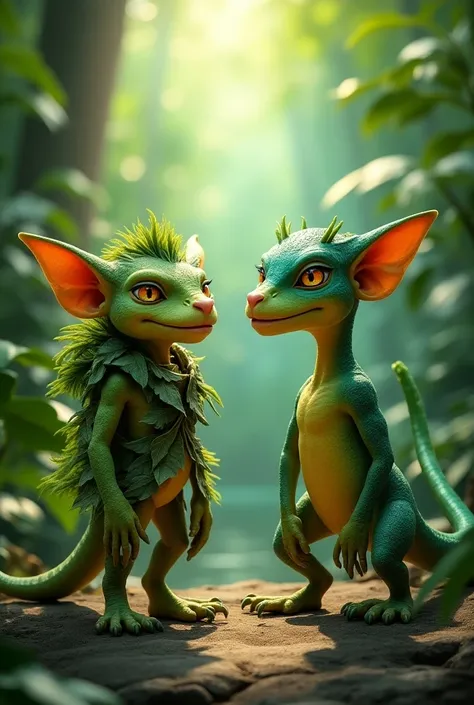 Create an image featuring a goblin and a lisk side by side, highlighting their unique characteristics while emphasizing their shared properties.

On the left, depict a lively goblin with vibrant green skin, oversized ears, and a playful expression. It stan...