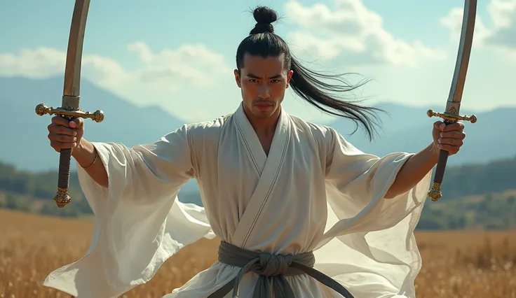 Chinese guy, martial arts expert, long black hair tied back, muscular, six-pack, showing martial arts pose summoning many different swords, cool scene, full light, high quality image, bright sky, countryside in the background