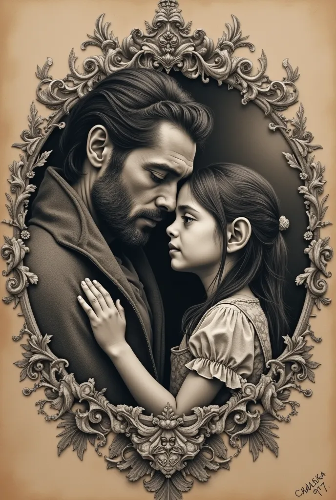 black and brown a sultry artistic artwork, black and white pencil rough sketch portrait of a father and his little daughter , de...