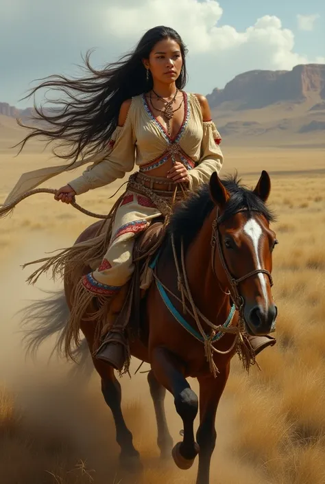 1800s beautiful woman  horse raiding and hunting, long hair, indian, traditional dress 