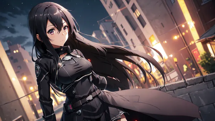 1girl, beautiful kirito_ggo, long hair, black hair, brown eyes, perfect proportion, large breast, seductive girl, outdoors, kirito_suit, night,city , volumetric lighting, best quality, masterpiece, intricate details, tonemapping, sharp focus, hyper detaile...