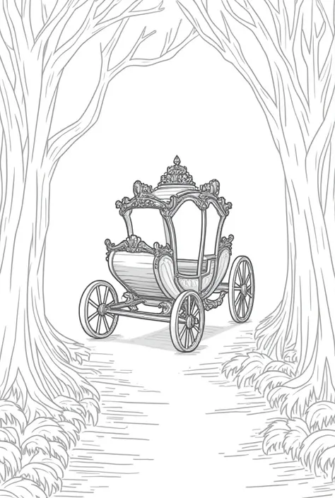 coloring page fantasy line art of  Detailed illustration of a fairy tale carriage in an enchanted forest,