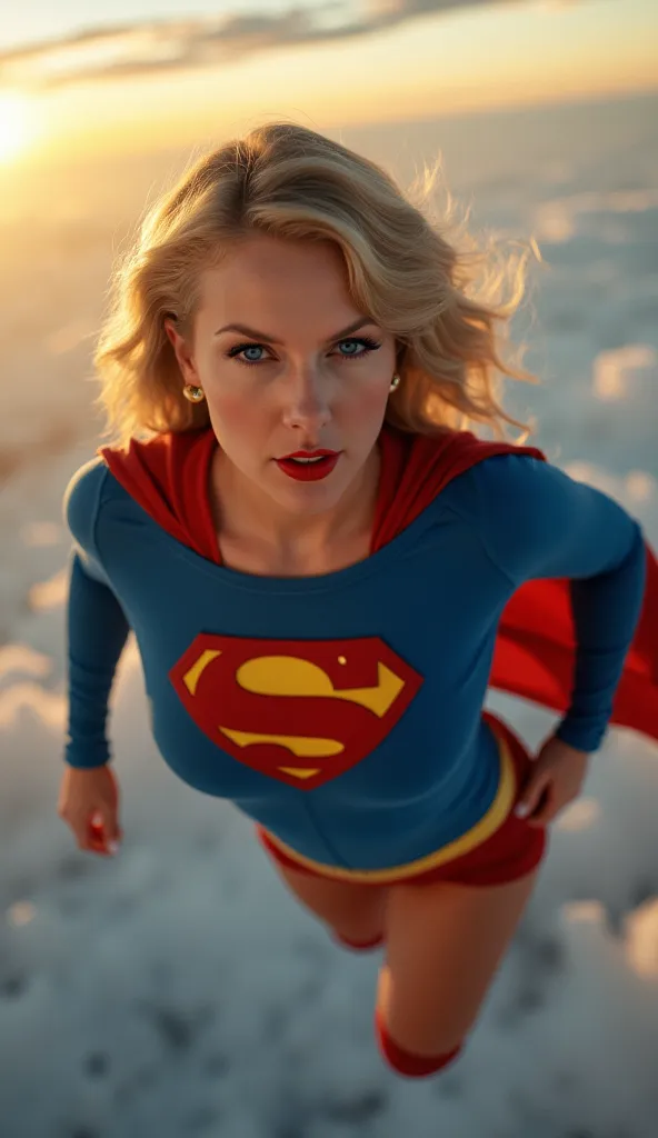 selfie style photo, pov, insanely sexy, ripped muscular busty,  supergirl wearing the orignal supergirl costume from 1950. soari...