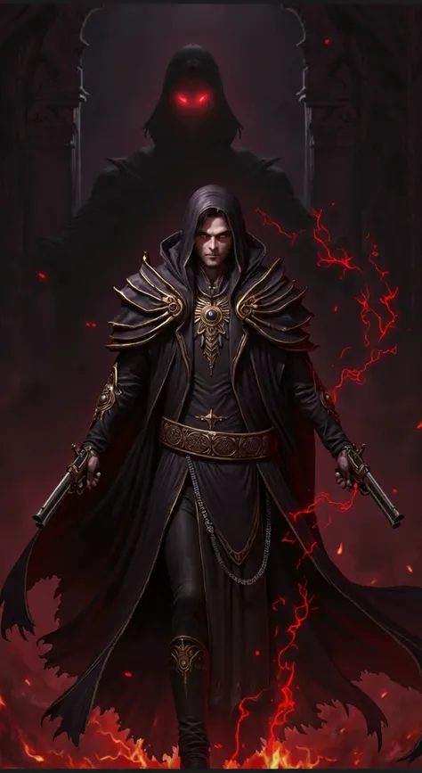 make a vampire who wears an overcoat with an all black hood and with gold details he uses two pistols