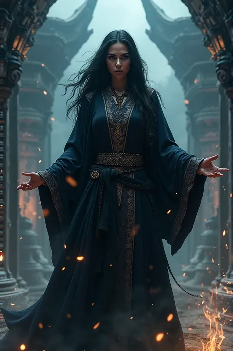 The sorceress Maya, a fierce figure in dark Indian robes, stands before her fortress, commanding the scene with her menacing presence. Her face is intense, with piercing eyes and sharp features, and her arms are raised as if to block their path. Dark, swir...