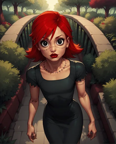 score_9,score_8_above,score_7_above,
Sally Skellington ,Stitches, long red hair , black eyes ,small paboveils, big eyes, lipstick ,
dress, looking at the spectator,garden,
 large yellow moonlight,trees,Evening,Alone,
 session,
