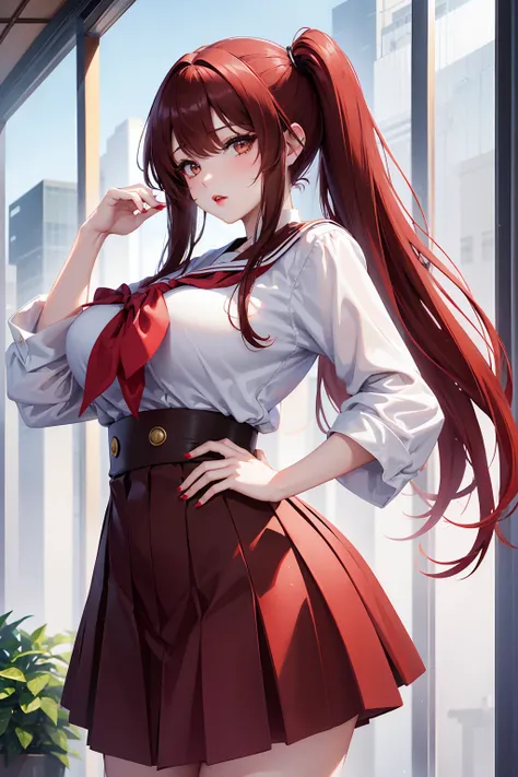 1girl “"Giant breasts" + "large rear" + "wide hips" + " tiny waist" + "plump thighs" + "brown eyes" + "Black eyeliner + "red hair" + "Red Lips" + "Lucious Lips"”)}, {“Outfit: Japanese school uniform, white and blue Seifuku 