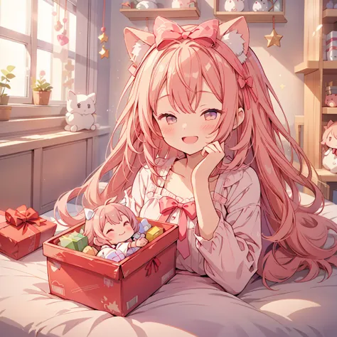 1girl,🎄、whole body、2 heads、A girl is putting a gift box on her head on the bed、The present box has a big ribbon on it 、Chibi、 happy smile、joy、Best Quality、 masterpiece、The best composition、 eyes closed、Chibi、 A fantasy and cute room in pastel colors、Fluffy...