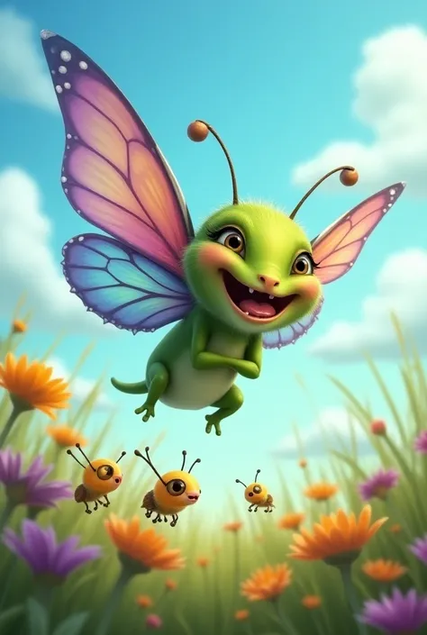 Create an image of a fantastical hybrid creature called the "Goblinara," which combines the mischievous features of a goblin with the enchanting qualities of a butterfly. The Goblinara has a playful, green-skinned face with bright, twinkling eyes and a wid...