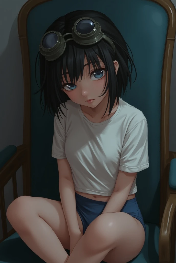 A girl ((solo)) ((17-years)). She has a short black hair and blue eyes. Shes using round goggles. Shes wearing a white shirt and blue panties. Shes sitting in a chair.