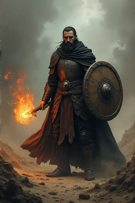 Realistic, wood elf, male, dark hair, beard, stern expression, wizard, wasteland background, fire in right hand, shield, breastplate, dark cloak