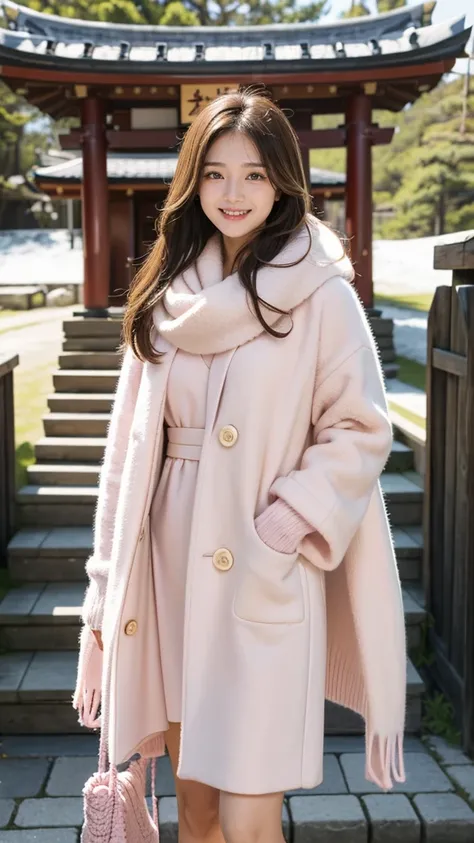  1 girl, solo, Long Hair,  high resolution on down, chest, smile, Brown Hair, masterpiece, 最 high quality,  high definition model ,  high quality,  Double Dumpling Hair , Little Edo,Visiting a shrine,Grin, Nikon, Pink knit dress,Im wearing a white coat,I h...