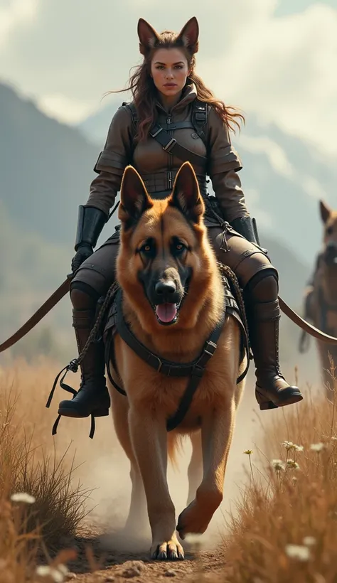 Create a realistic character prompt for a German woman fighter warrior sitting on a giant German Shepherd dog. The warrior should be holding a weapon and dressed in attire that matches German culture. The giant German Shepherd should be walking straight an...