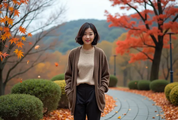  Masterpiece、 A beautiful short woman in her 40s 、short medium length hair、 natural color outfit 、 natural look、 Top Quality 、 ultra-detailed 、High quality detailing 、8ｋ、Colored leaves :1.5、 deep autumn forest 、 tree leak day 、stillness. A beautiful Korean...