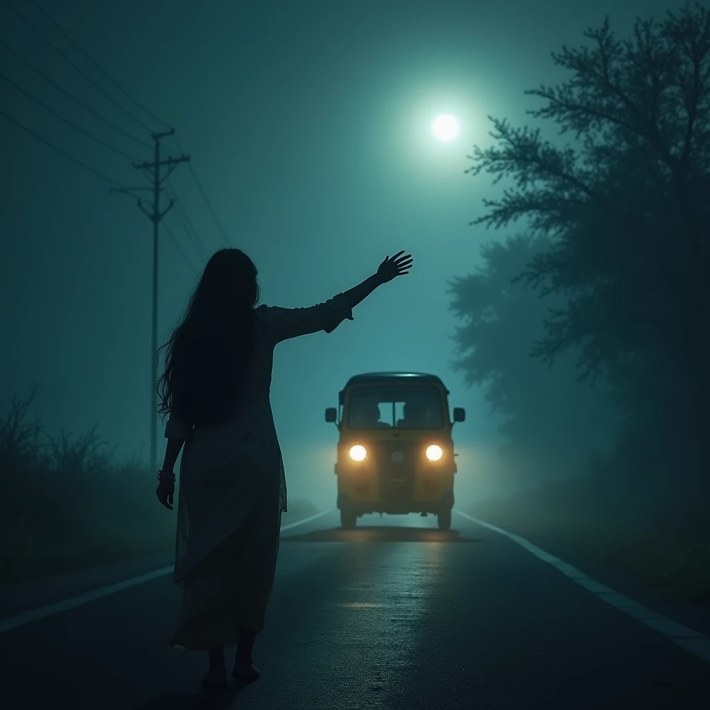 "On a deserted road at night, Ramesh in his auto-rickshaw sees a mysterious woman standing alone. She is signaling him to stop, with one arm raised. The woman appears somewhat mysterious, with dark, flowing hair, and the atmosphere around is misty with onl...