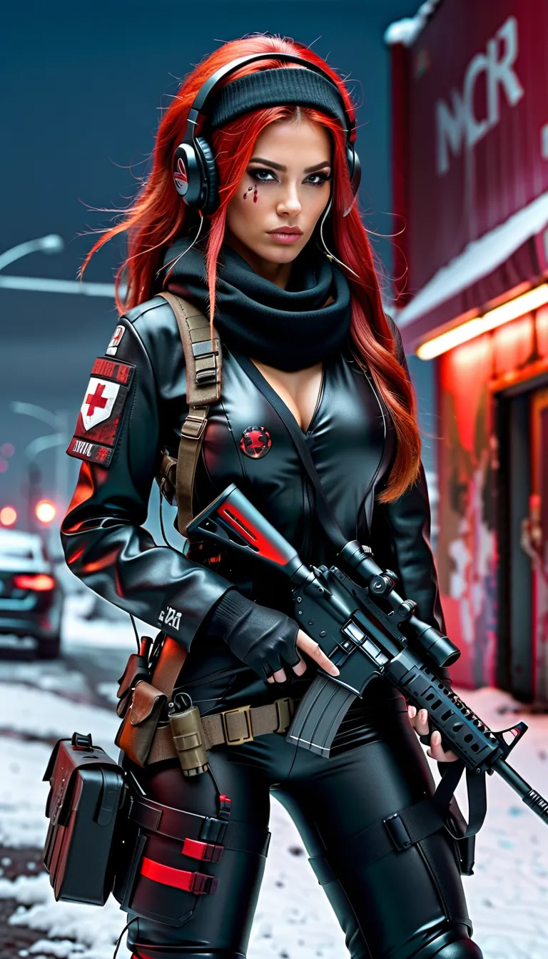 full body from head to toe, post-apocalyptic, high resolution, 1 woman, solo, (detailed face),red hair, long closed in back hair...