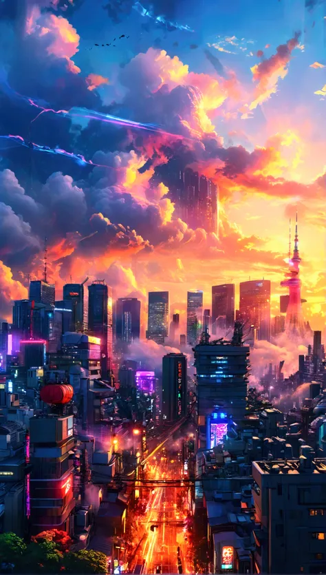 A detailed anime-style cityscape of Tokyo with skyscrapers, a bustling city with neon lights, futuristic architecture, cloudy skies, birds flying, intricate details, complex composition, vibrant colors, dramatic lighting, cinematic mood, photorealistic, 4k...