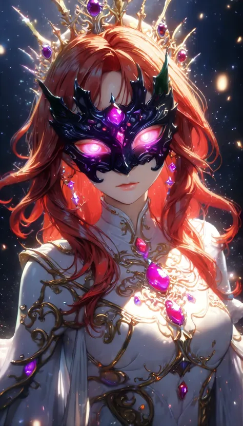 1girl,nepotism, renascent elements, red hair,glowing eyes,magenta gems around the chest,royalty hair decoration ,light particles,dark fantasy, full face mask, Splashmotion,(masterpiece:1.4),(best quality:2),(very aesthetic),newest, UHD, masterpiece, Glowin...