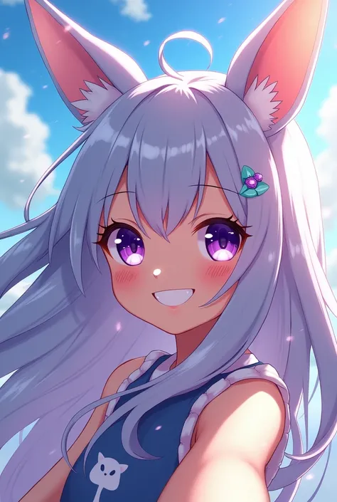 No
Solo, Long Hair, Smile, Purple Eyes, Rabbit Ears, POV, Cat Ears, Blue eyes, Motion Lines, Lens Flare, 