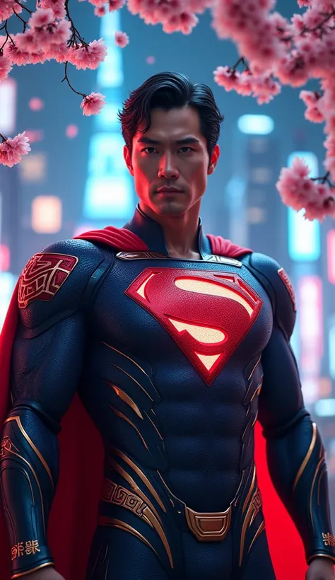 "A reimagined version of Superman as a Japanese hero. He wears a high-tech samurai-inspired armor with intricate red, blue, and white color schemes, blending traditional Japanese armor elements with modern superhero aesthetics. His chest features a stylize...