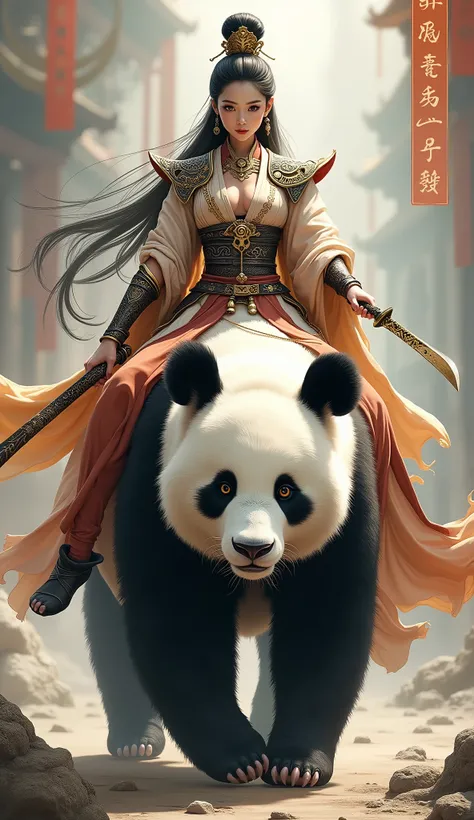 Create a detailed and realistic prompt for a character description: A beautiful Chinese woman, imagine a powerful warrior, sitting comfortably on a giant panda. Shes holding a traditional Chinese warrior weapon, such as a Jian or a Dao, with exacting detai...