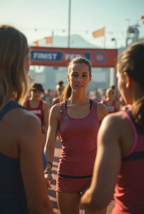  Woman talking to other people in a race, You can see in the background the goal 