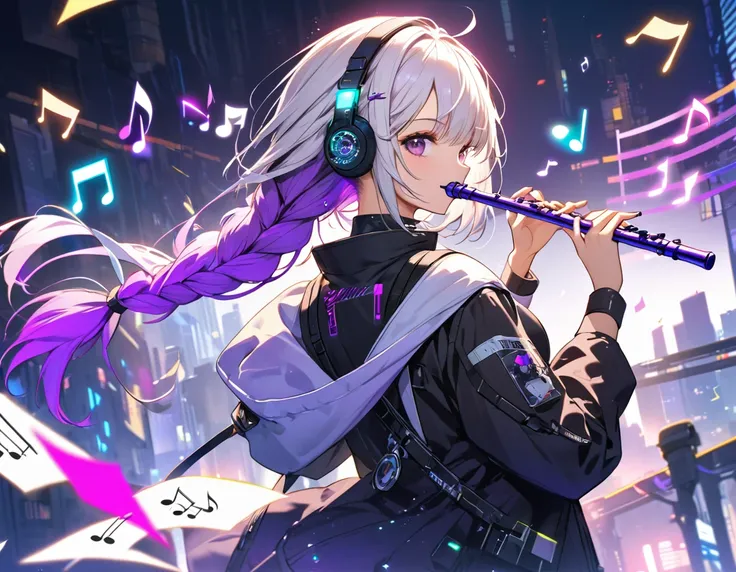  cyberpunk ,  long white and purple gradation braided hair sparkles,  beautiful girl playing the flute ,  there are lots of musical notes around her , (Flying notes :1.4), ( from behind:1.3),  look at the camera