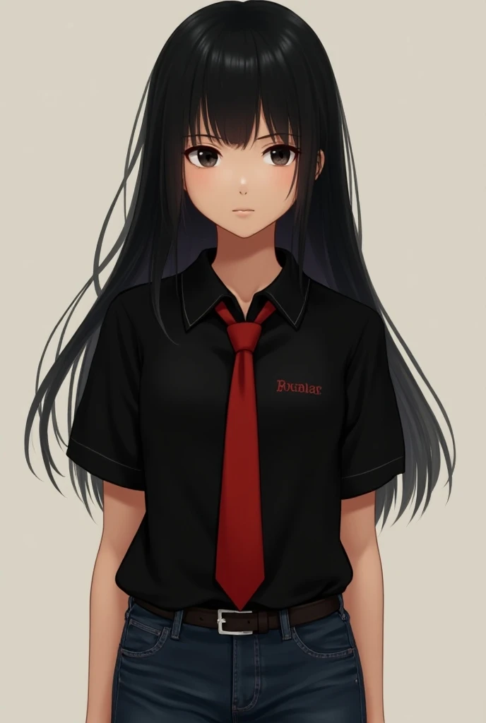 Black-haired girl with red tie and black polo shirt and jeans