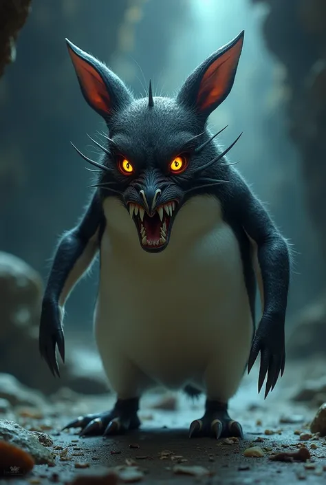 Create an image of a hybrid creature that seamlessly combines features of a penguin and a khargosh. This entity should have the body and flippers of a penguin, but incorporate elements like large, sharp rabbit teeth and long, pointed ears. The eyes should ...