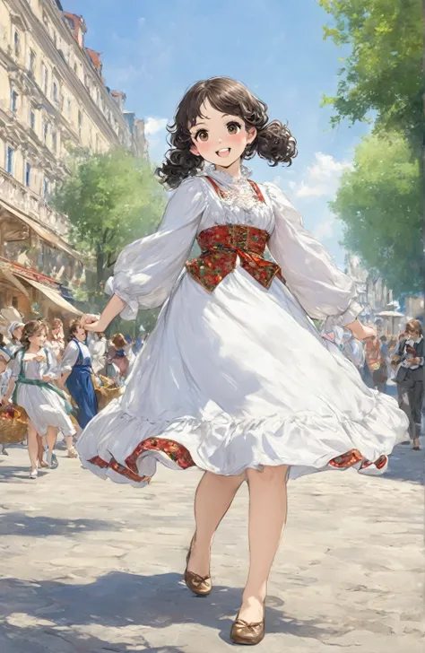 1girl, smile, little fat, brown eyes, forehead, black curly short hair, low twintails hair, outdoor, walking, foot, full body, traditional polish clothes, hotel background, dynamic female action pose, shy,Pierre Auguste Renoir: Impressionism style, Peter P...