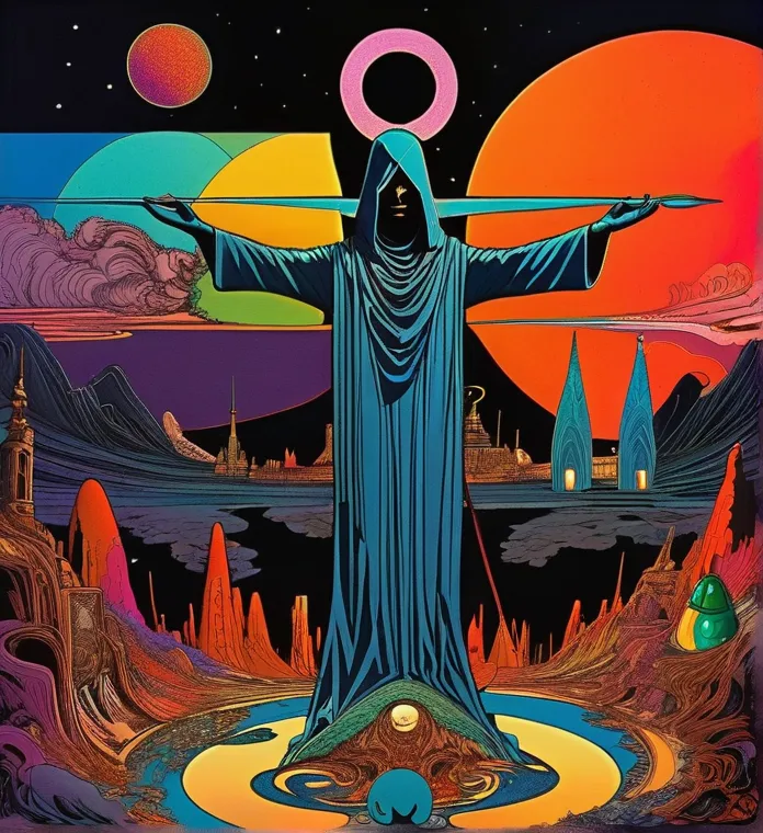 Create an abstract creative arts design using a collage technique inspired by the art of Moebius that reflects the dichotomy of materialism and idealism, sadism and masochism. Satanism elements of dark thoughts colliding  with whimsical color movments and ...