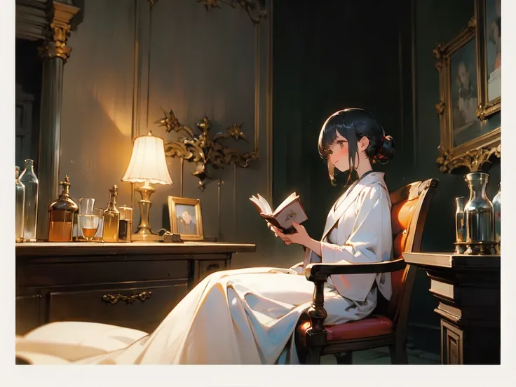 from side, 1girl, The Magicians Laboratory 、 is sitting in a chair and reading a book、 intricate detail ,  hyperdetail ,　(Best Quality, masterpiece:1.2),  ultra high resolution ,  ray tracing, Super detailed, Complex Robe、Magician&#39;s Hat