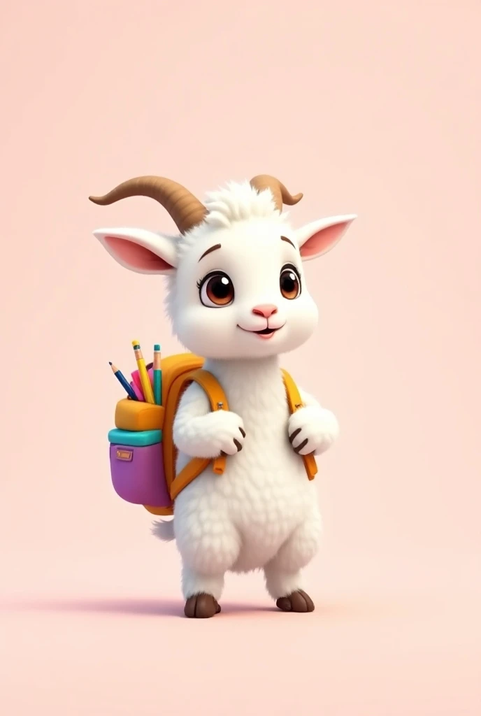 An adorable baby goat standing upright with a happy expression, detailed digital illustration. The goat has big, expressive eyes and a friendly smile. It is wearing a colorful backpack and a second smaller bag, each with bright colors like blue, yellow, an...