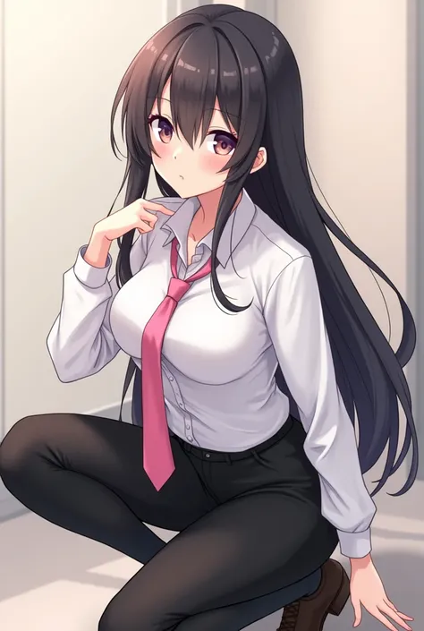 Anime girl in black pants with white shirt and pink tie, a hyper現実的なHigh school girl, hyper現実的なHigh school girl, 現実的なHigh school girl,  charming anime girl ,   Beautiful Attractive Anime Teens  ,   anime girl crouching  , smooth anime cg art, かわいいHigh scho...