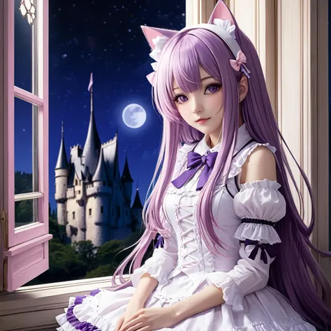 Girl with cat ears in a band, Neko Mimi Mode, straight purple long hair, Horizontal fringe hair, detailed white lolita outfit, cat ears with light pink inside, Hazuki from Tsukuyomi - MOON PHASE -. leaning against a European-style old castle window, View f...