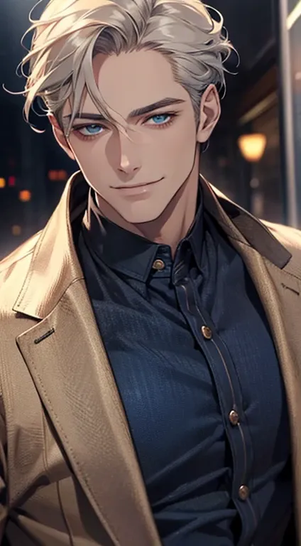 a mature man, very handsome, short grey golden hair, beautiful blue eyes, perfect detailed face, buttoning his jacket, CEO, smiling in love, cinematic lighting, 1:4 HDR, photorealistic, ultra detailed, 8K, best quality, masterpiece