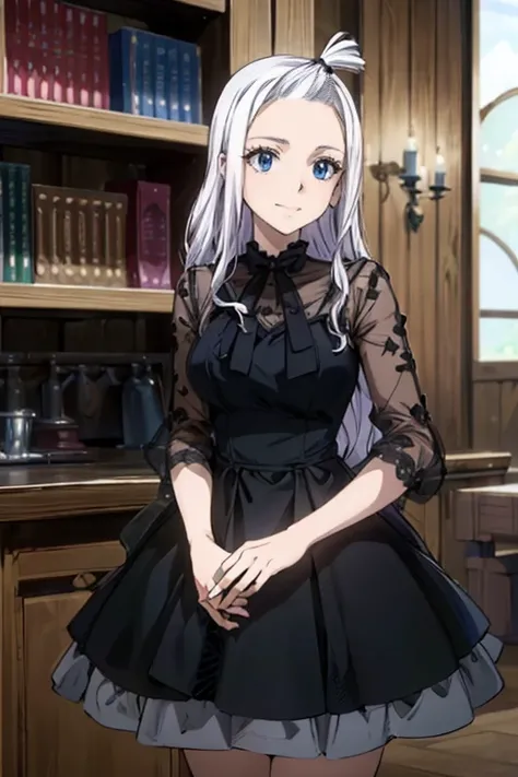 (Best Quality, 4k, 8k, Hi-Res, Masterpiece: 1.2), Ultra-Detailed, Realistic, Photorealistic: 1.37, Mirajane Strauss, beautiful woman with long straight wavy white hair and blue eyes, with a beautiful smile, wearing a beautiful long-sleeved black dress 