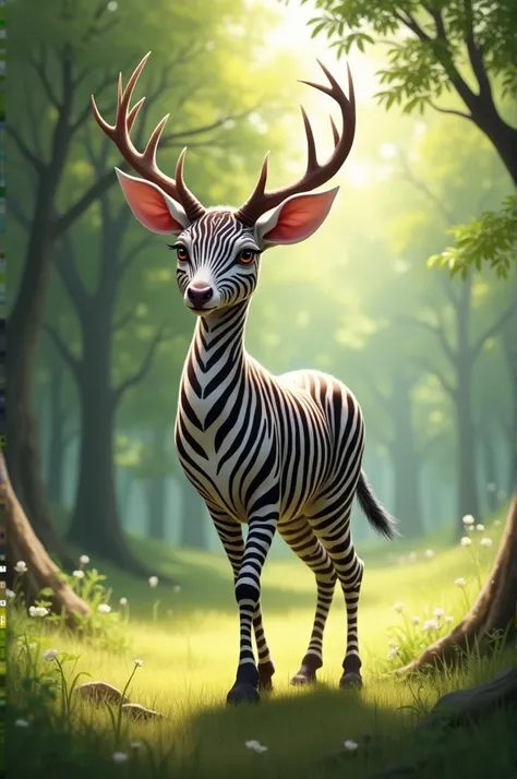 "Create an image of a hybrid animal that combines a deer and a zebra. The creature has the elegant body structure and antlers of a deer, with the bold black-and-white striped pattern of a zebra covering its coat. The animal stands in a forested meadow, ble...